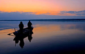 Fishing In Lake Sunset Wallpaper