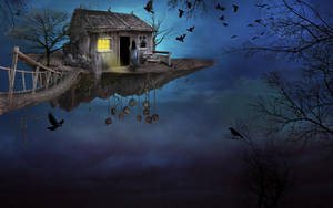 Floating Halloween-themed Fantasy Island Wallpaper