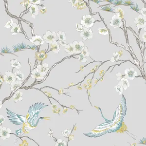 Flower Design And Crane Birds Wallpaper