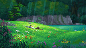 Flowers And Grass Pixel Art Wallpaper