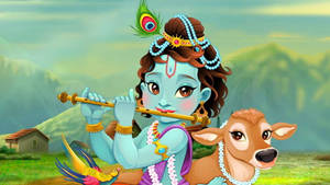 Flutist Cartoon Krishna And Calf Wallpaper