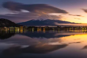 Fuji At Night With Lake Kawaguchi Wallpaper