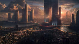 Future Cityscape Sunset View Desktop Wallpaper