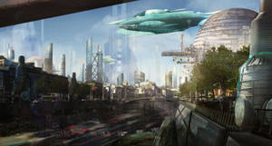 Futuristic City With Air Shuttle Wallpaper