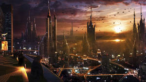 Futuristic City With Golden Sunset Wallpaper