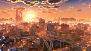 Futuristic City With Sunset Wallpaper