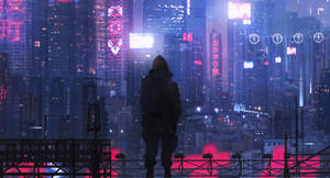 Futuristic Desktop With A Lurking Man Wallpaper