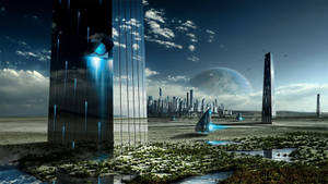 Futuristic Desktop With A Reflective Building Wallpaper