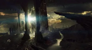 Futuristic Desktop With City Ruins Wallpaper