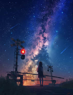 Galaxy Sky Girl Near Traffic Light Wallpaper