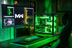Gaming Room All Green Lights Wallpaper