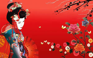 Geisha Red Floral Painting Wallpaper