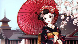 Geisha Red Umbrella Cherry Blossoms Wallpaper