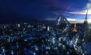 Geometric Towers In An Anime Night City Wallpaper