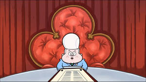 Gideon Gleeful Mysteriously Poised On Red Chair With A Flower Wallpaper