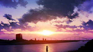 Girl And Bridge Anime Aesthetic Sunset Wallpaper