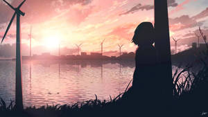 Girl And Windmills Anime Aesthetic Sunset Wallpaper