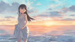 Girl At Sea Anime Aesthetic Sunset Wallpaper