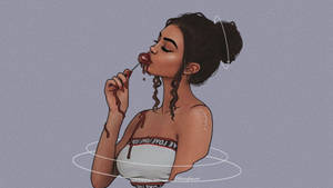 Girl Cute Aesthetic Kissing Lollipop Wallpaper