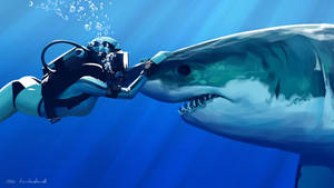 Girl Diver And Shark Wallpaper