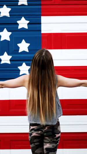 Girl Facing Usa Iphone Flag Wallpaper