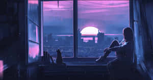 Girl Gazing At The Blue And Purple Sunset Wallpaper