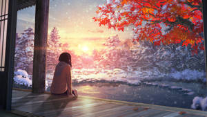 Girl In Winter Anime Aesthetic Sunset Wallpaper
