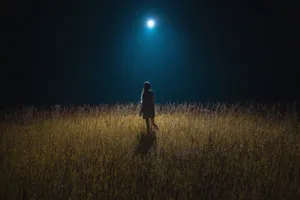 Girl On Grassy Field Moonlight 4k Wallpaper