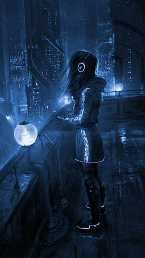 Girl On Rooftop Cyberpunk Iphone X Wallpaper