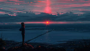 Girl Overlooking Bay Anime Aesthetic Sunset Wallpaper