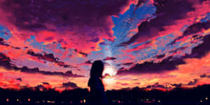 Girl Silhouette In Anime Sunset Sky Wallpaper