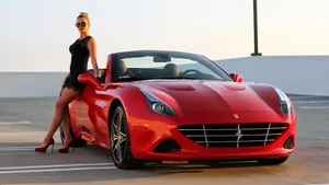 Girl With Red Convertible Ferrari Ipad Wallpaper