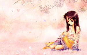 Girly Cartoon In Cherry Blossom Tree Wallpaper