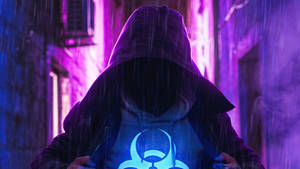 Glowing Purple Hoodie Man Under Rain Wallpaper