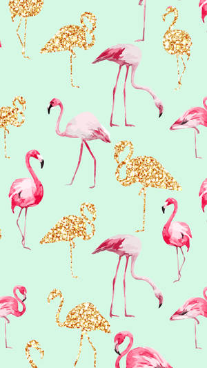 Gold And Pink Flamingoes Wallpaper