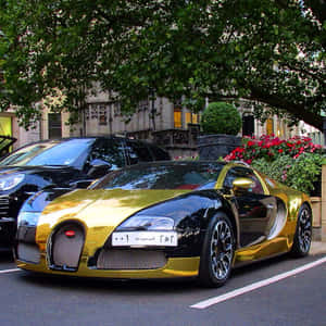 Gold Bugatti Veyron Car With Trees Wallpaper