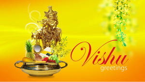 Gold Statue Background Vishu Kanni Happy Vishu Celebration Wallpaper