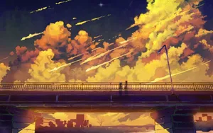 Golden Anime City Bridge Wallpaper