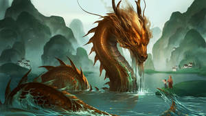 Golden Dragon In A Lake Wallpaper
