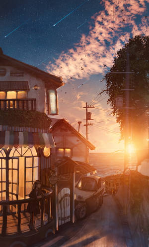 Golden Hour Over Cafe Aesthetic Anime Scenery Wallpaper