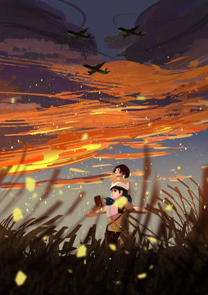 Grave Of The Fireflies Sunset And Plane Wallpaper