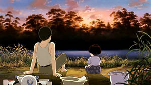 Grave Of The Fireflies Sunset Over Lake Wallpaper