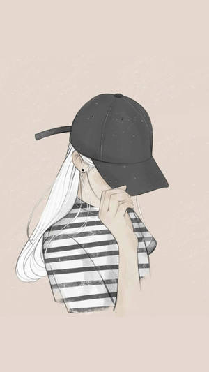 Gray Cap And Striped Top Girl Aesthetic Wallpaper