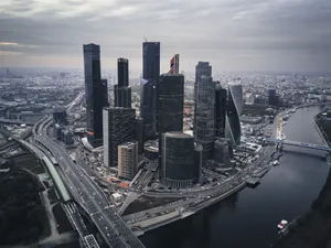 Grayscale Aerial Moscow Skyscrapers Wallpaper
