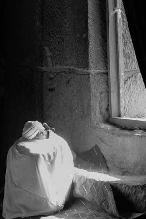 Grayscale Ethiopia Monk Hiding Face Wallpaper