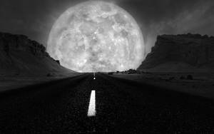 Grayscale Road And Galaxy Moon Wallpaper