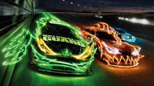Green And Orange Fire Cars Racing Wallpaper