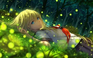 Green Anime Schoolgirl In Forest Wallpaper
