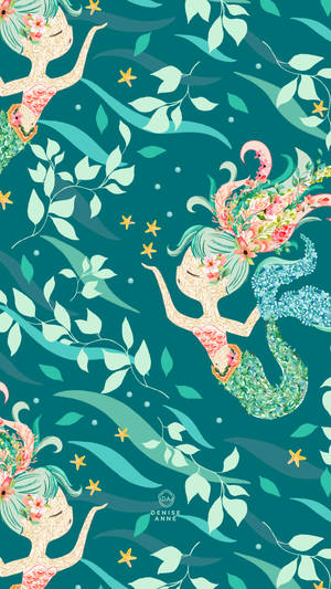 Green Mermaid Pattern Wallpaper