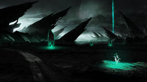 Green-tinged Sci-fi Landscape Wallpaper